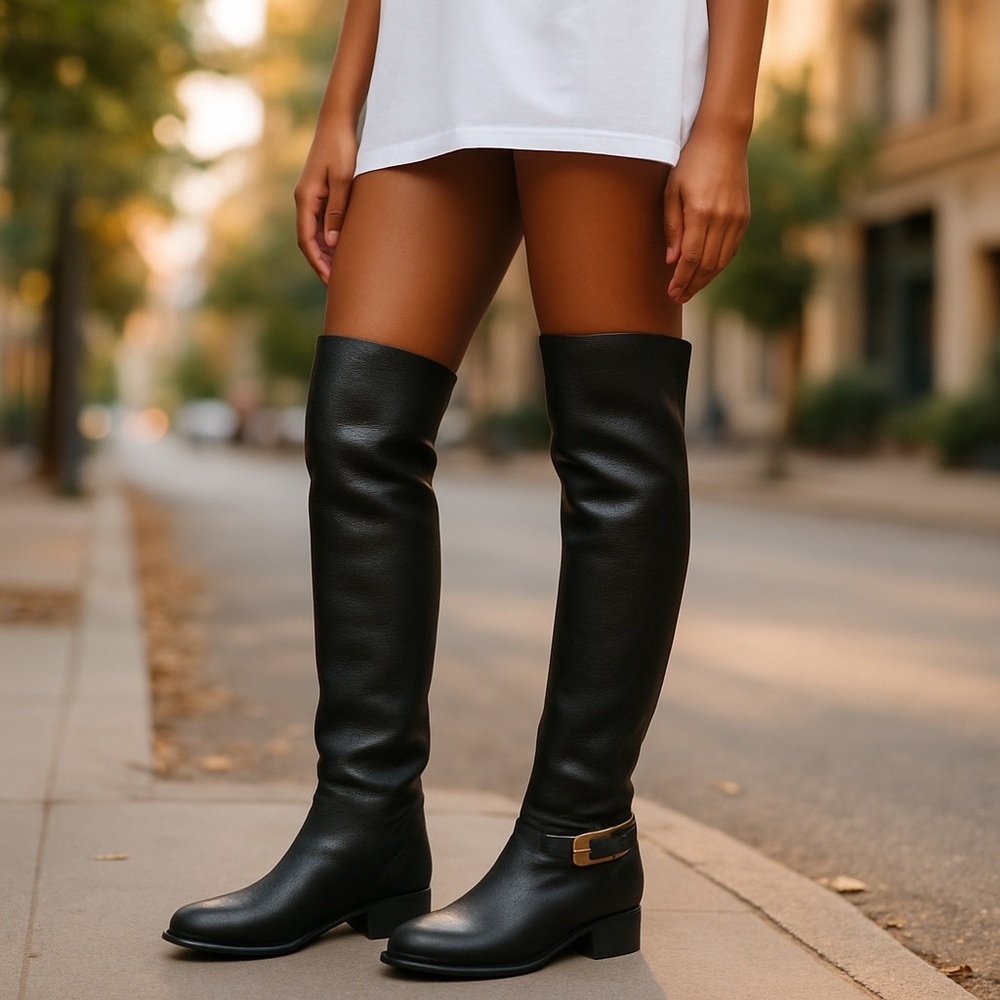 Vince Camuto Black Leather knee High Bedina equestrian Boots. Block Heel…